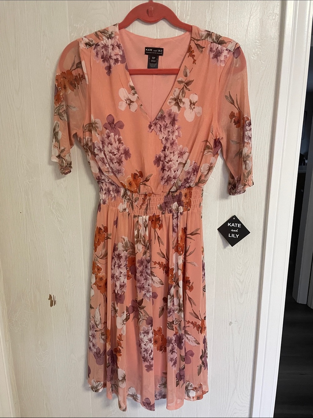 Kate and Lily Peach Floral Midi Dress with V-Neck